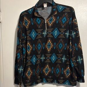 Sew In Love womens Aztec Zip-Up French Terry Top- Black and Blue